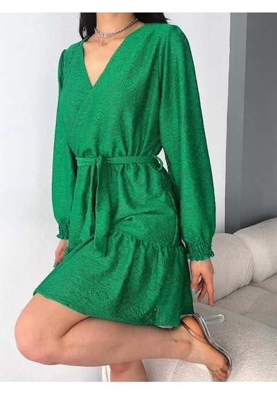 Defymoda Kadın Fırsat Ürünü Kruvaze Yaka Güpürlü Mini Elbise Yeşil