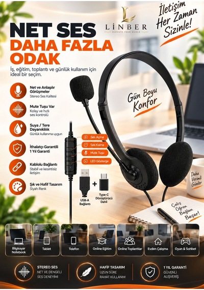 Usb + Type-c Çift Girişli Çağrı Merkezi Mikrofonlu Kafa Üstü Bilgisayar Kulaklığı Kulaküstü Kulaklık Siyah