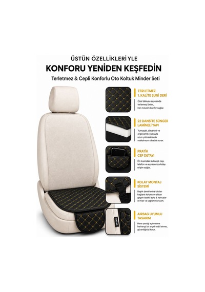 Ergonomik Cepli 3 Parça Oturak Deri Oto Minder Seti Sarı
