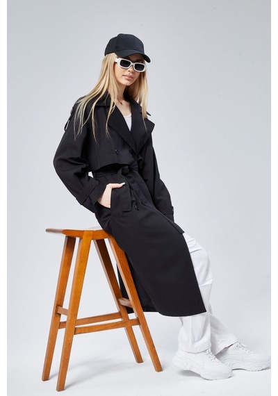 Oversize Kruvaze Kapama Rüzgarlık Detaylı Trençkot 44956 Siyah