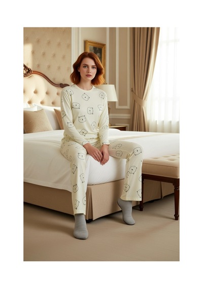 Ersefa Kadın Ayıcık Desenli Pamuklu Pijama Fonksiyonel Dayanıklı Kalitel ekru