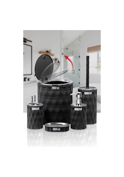 Okyanus Home Diamond Siyah Kromlu Click Kapak Banyo Seti 5'li Siyah