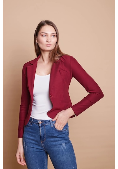 Yakalı Flato Cepli Uzun Kol Pamuklu Kumaş Kısa Blazer Ofis Ceket -bordo Bordo
