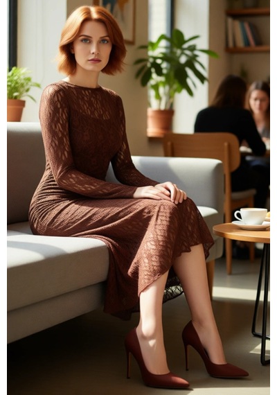 Ersefa Kadınlar İçin Uzun Kollu Bodycon Midi Dantel Elbise Kayık Yaka Sı Kahverengi