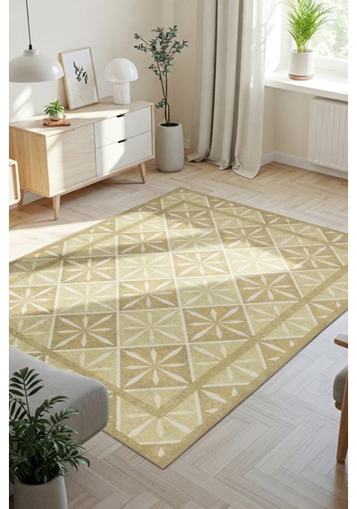 Artloop Nora Yeşil/ Sarı Geometrik Desenli Dokuma Tabanlı Modern Şönil Halı Al 504 Yeşil- Sarı