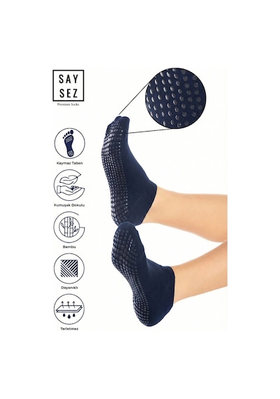 Saysez Bambu Kadın Kaydırmaz Lacivert Taban Silikon Baskı Pilates Yoga Fitness Dans Aktivite Patik Çorabı Lacivert