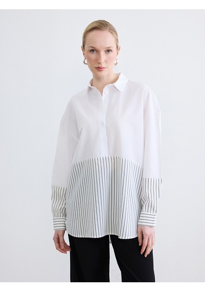LC Waikiki Lc Waıkıkı Gri Çizgili Oversize Kadın Gömlek Tunik