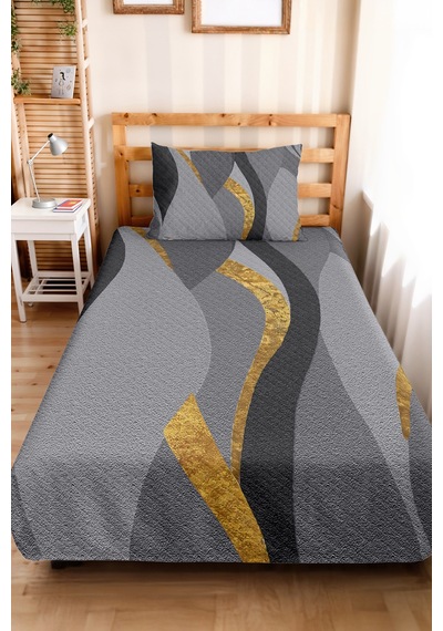 Gri Geometrik Modern Genç Odası Tek Kişilik Pike Takımı - Antrasit Gold 160x220 Cm Yatak Örtüsü Naif Anı Yumuşaklığı