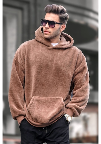 Madmext Kahverengi Peluş Kapüşonlu Erkek Sweatshirt 6050 Kahverengi
