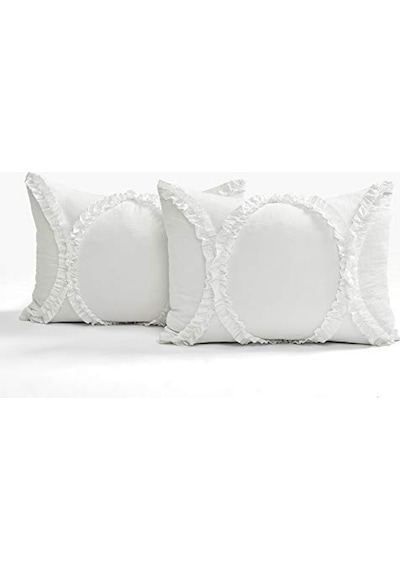Lush Décor Riviera Fırfırlı Etek Yatak Örtüsü Beyaz Salaş Şık Çiftlik Evi Tarzı Hafif 3 Parça Set Polyester Genel