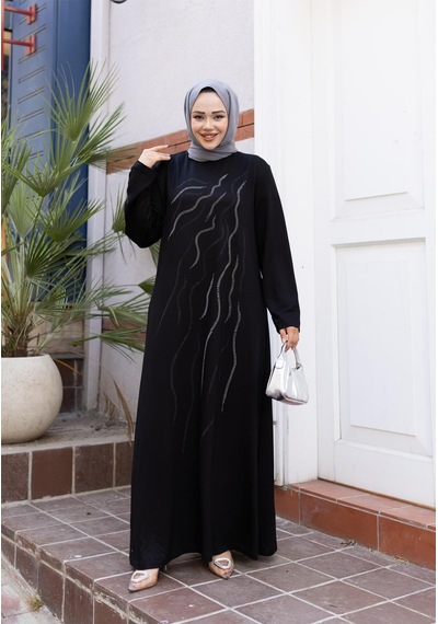 Hb Harma Time Butik Kadın Taş İşlemeli Rahat Kalıp Siyah Elbise Siyah Siyah