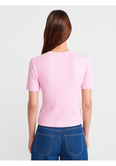 Dilvin 10733 Bisiklet Yaka Cepli Düğmeli Triko Bluz-pembe Pembe