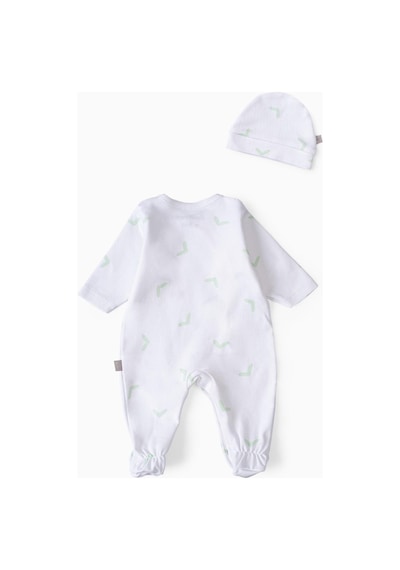 Boumini Bebek Patikli Tulum Şapka Set Beyaz Yeşil Tik-yeşil Tik Yeşil