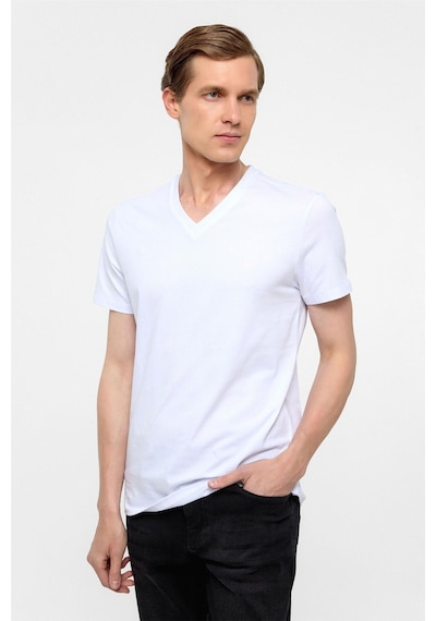 Süvari Beyaz Slim Fit Düz V Yaka Tişört