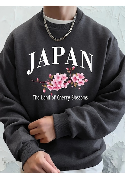 Tarzsokak Japonya Kiraz Çiçekleri Ülkesi Baskılı Erkek Kapüşonlu Üstleri Sonbahar Bol Sweatshirt Temel Antrasit