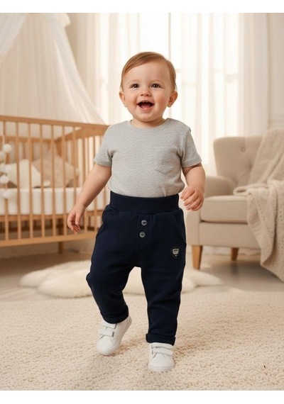 Zekids Erkek Çocuk Pamuklu Lastikli Duble Paça Eşofman Altı-16388 Lacivert