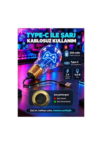Joystick Neon Dekoratif Masa Lambası Ampul Şeklinde Yeni Nesil Aydınlatma Oyuncular İçin Çok Renkli