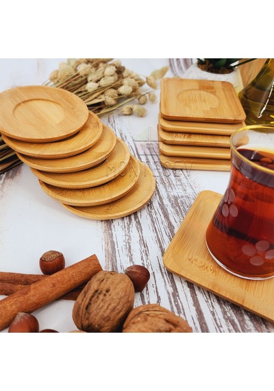 Ahşap Çay Tabağı 12li Set Bardak Fincan Altlığı Yuvarlak Kare Ahşap