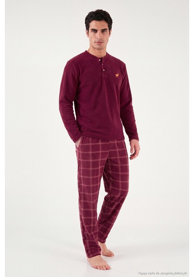 Buratti Ekoseli Düğmeli Bisiklet Yaka Yumuşak Polar Pijama Takımı Erkek Pijama Takımı 6097019 Bordo