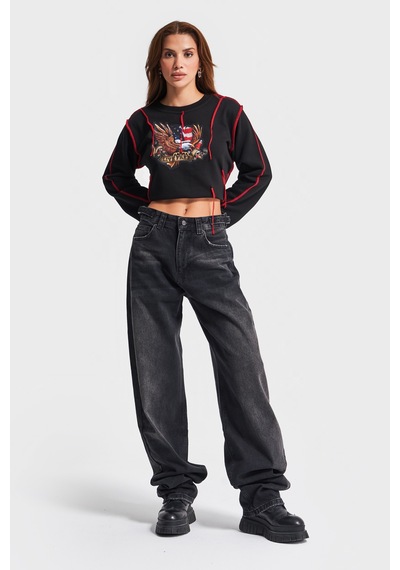 Itsbasic Kadın Koyu Füme Renk Lotus 18w41 Baggy Fit Denim Jean