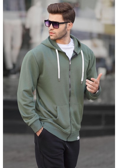 Madmext Haki Yeşili Fermuarlı Kapüşonlu Sweatshirt 6161-haki Yeşili Haki