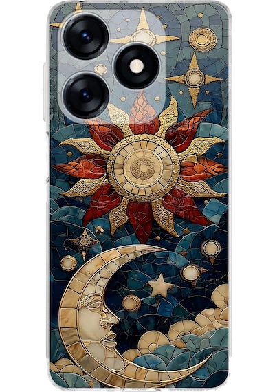 Printify Tecno Spark 10c İle Uyumlu Vitray Sol Ve Luna Tasarımlı Şeffaf Silikon Kılıf Şeffaf