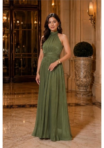 Neşeli Butik Kadın Olive Yeşil Halter Yaka Janjan Kumaş Premium Abiye Elbise Nbmy4128