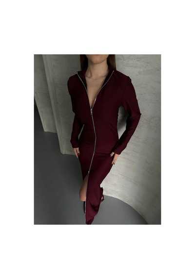 Asur Boutique Asur Butik Kadın Ottoman Kumaş Fermuarlı Uzun Elbise Bordo