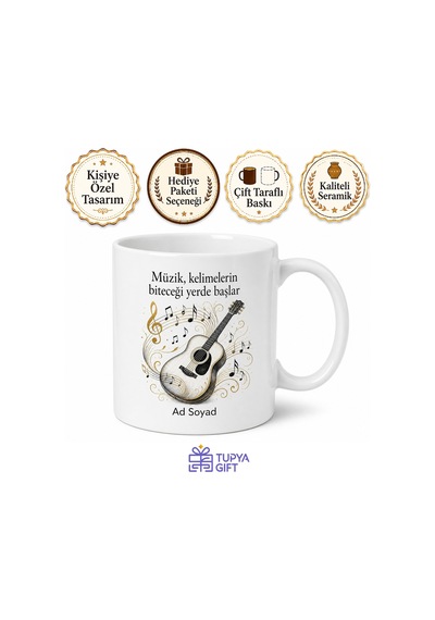 Müzisyene Hediye Nota Ve Gitar Tasarımlı Sanatsal Kupa Bardak Beyaz / Çok Renkli