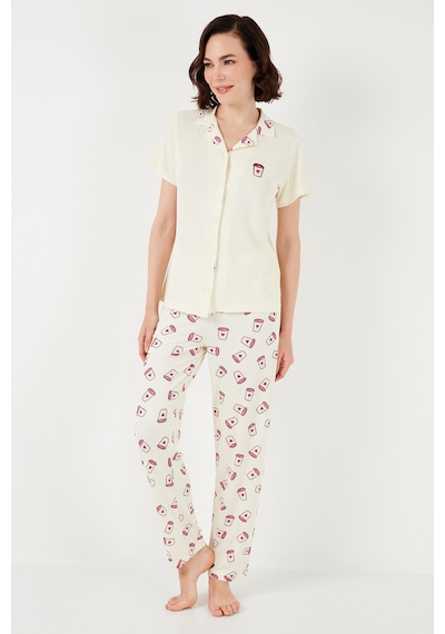 Lela Regular Fit Gömlek Yaka Kısa Kollu Bayan Pijama Takımı 65740102 Bej-Pembe