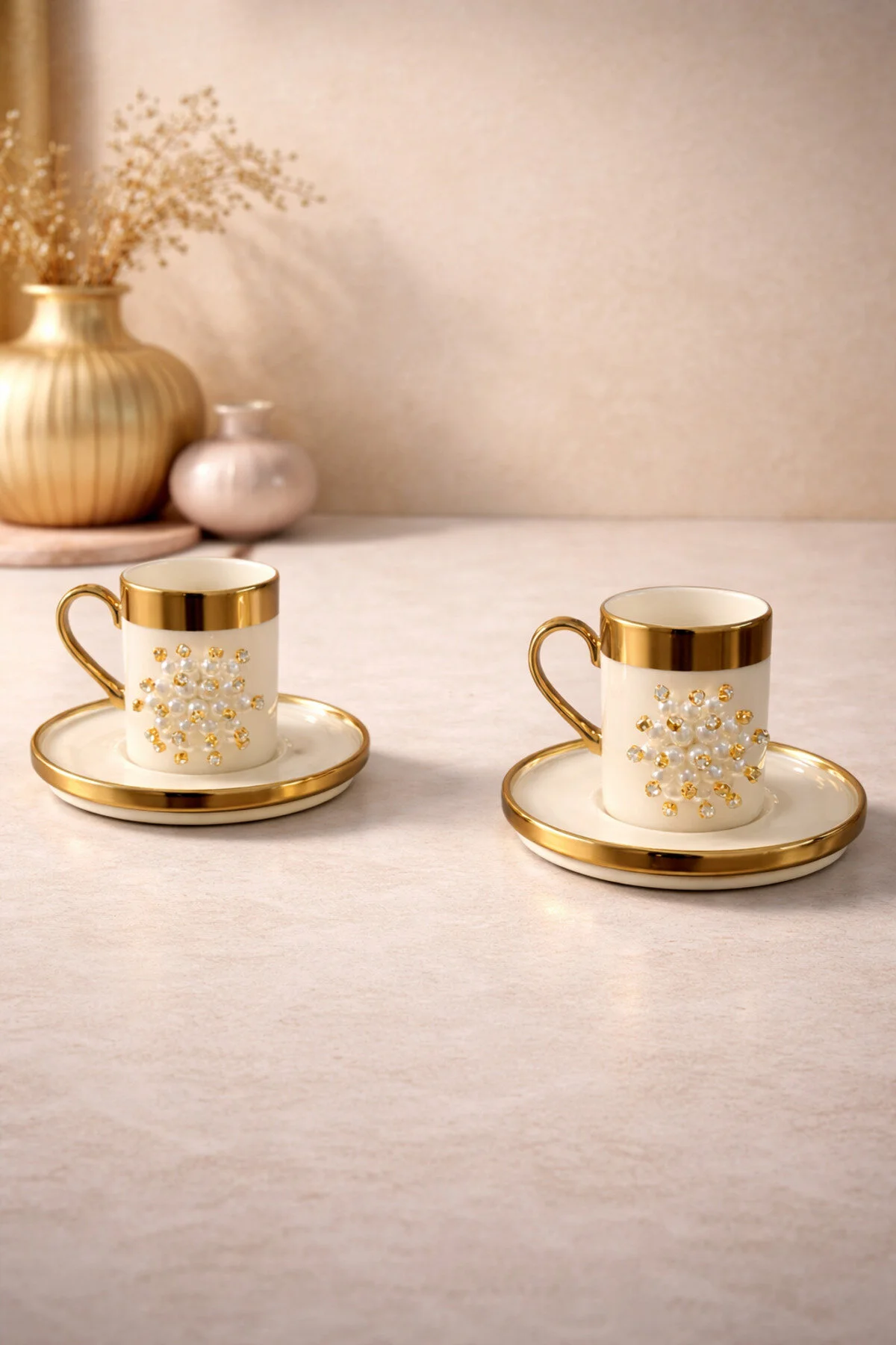 2 Li Gold Yaldızlı Porselen Kahve Fincan Takımı 100ml Beyaz