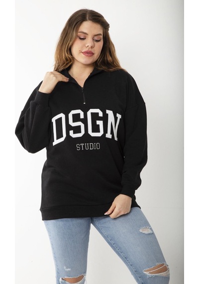 Şans Kadın Büyük Beden Siyah İçi Şardonlu Ön Pat Fermuarlı Nakışlı Sweatshirt 65n37207-siyah Siyah