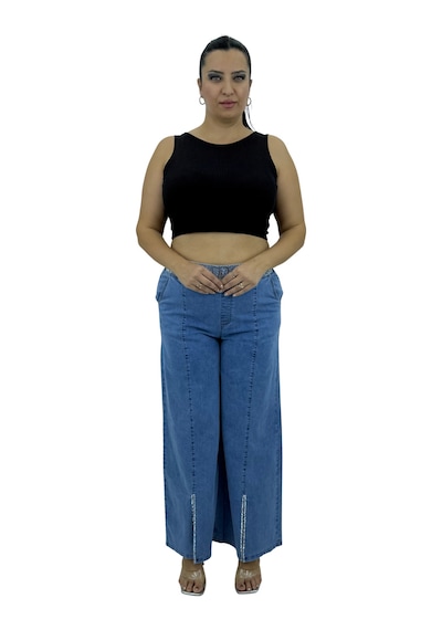 Büyük Beden Denim Taşlı Bol Paça Detaylı Kadın Pantolon Mavi