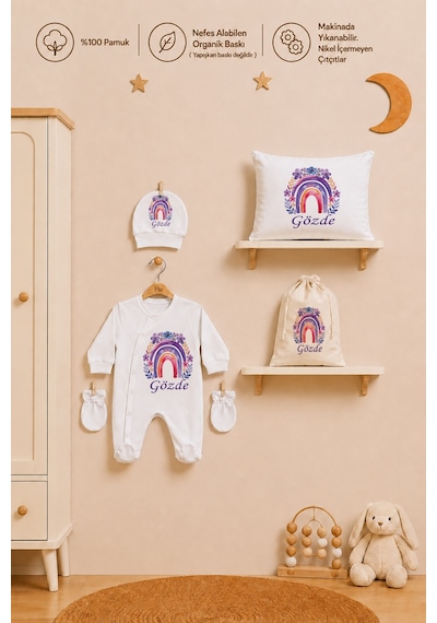 Pia Baby Erkek Bebek %100 Pamuk İsme Özel Hastane Çıkışı Hediye Seti Yastık Tulum Battaniye Ve Kese 1059tybk3x Krem
