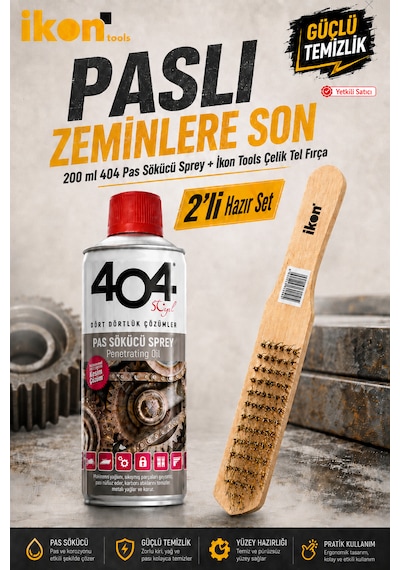 İkon Tools 404 Pas Sökücü Sprey 200 Ml + Ahşap Saplı Çelik Tel Fırça 2 Li Pas Temizleme Seti 1 'li Paket