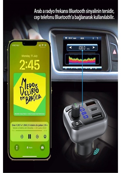Qpen M63 Bluetooth Usb3.0 Ve Type C Pd Hızlı Şarj Fm Transmitter