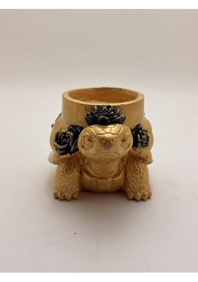 Kaplumbağa Çiçekli Tealight Mumluk Mavi Altın Reçine