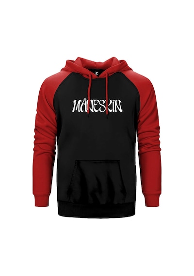 Maneskin Yazı Kırmızı Renk Reglan Kol Kapşonlu Sweatshirt Kırmızı
