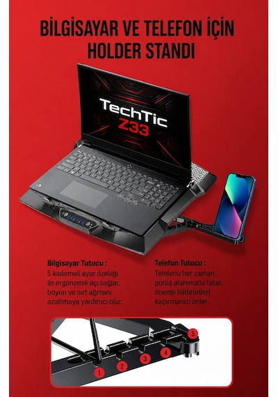 TechTic Z33 Laptop Soğutucu Standı 8 Fanlı Turbo 3000RPM Sessiz RGB Soğutucu 17İnç Ayarlanabilir