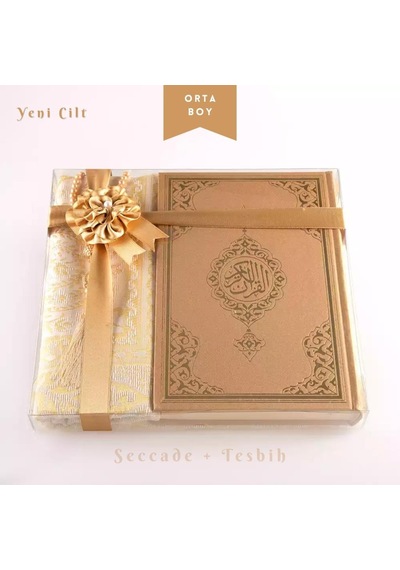 Seccade + Tesbih + Kuran Hediye Seti Orta Boy, Gold, Ekonomik Cilt
