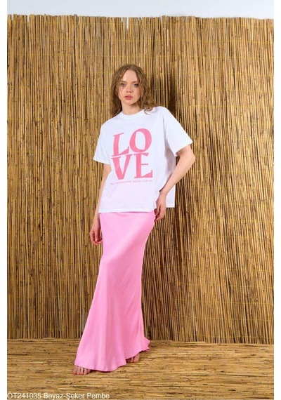 Kadın Beyaz-Pembe Love Baskılı Oversize %100 Pamuk T-Shirt