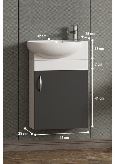 Lale 45 Cm Beyaz-antrasit Gri Mat Mdf Seramik Lavabolu Asma Alt Banyo Dolabı