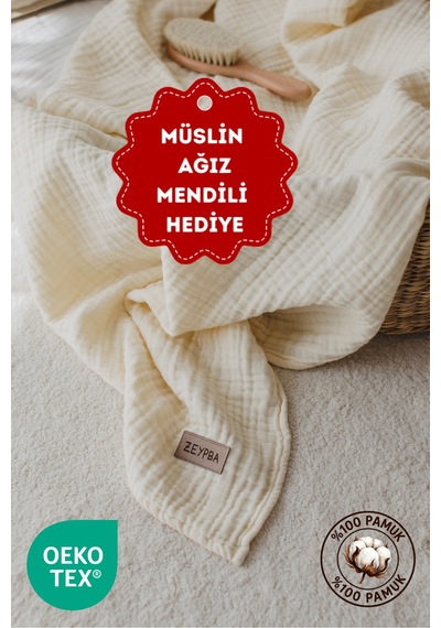Zeypba Bebek & Çocuk İçin % 100 Pamuk 4 Katlı Müslin Örtü Kenar Dikişli 100x100 CM Ekru