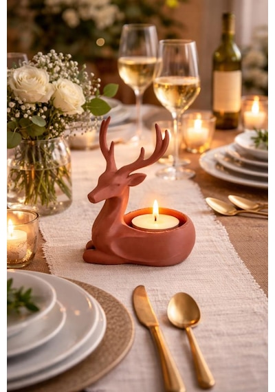 Dekoratif Geyik Mumluk Tealight Mumluk Balkon Sehpa Masa Üstü Ev Dekoru 11.5 Cm