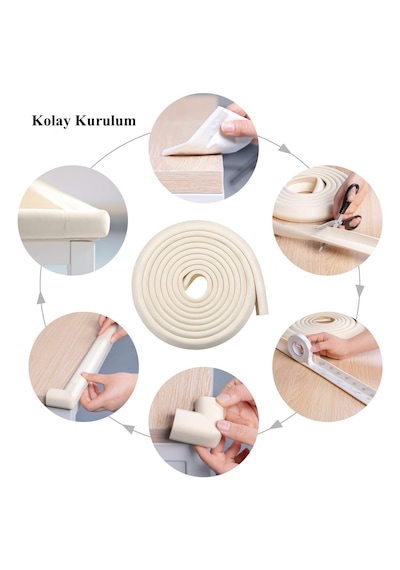 Teknozeel Krem Kauçuk Kenar Köşe Koruyucu Set Köşe Koruyucu 10 Adet Ve 2 Metre Kenar Bebek Emniyet Bandı