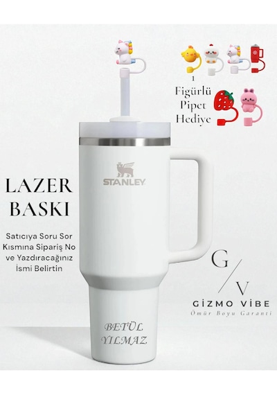 Stanley Kişiselleştirilebilir Quencher Pipetli Paslanmaz Çelik Vakum Yalıtımlı Termos Bardak 1.18 L Özel İsimli Beyaz