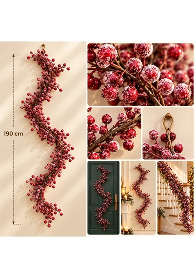 Bakgelal 190 Cm Kokina Görünümlü Yılbaşı Süsleme Dalı Kar Efektli Kırmızı Meyveli Dekoratif Garland, Kapı Ve Merdiven Süsü 3 Metre Peri Led Hediye - 9076523241771 Diğer