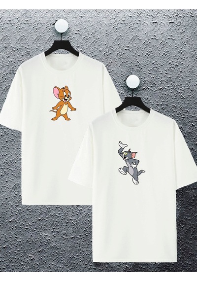 Unisex Kadın Erkek Tom Ve Jerry Baskılı Sevgili Çift Kombini Tasarım Oversize Tshirt 2li Takım Beyaz Mck2179 Beyaz