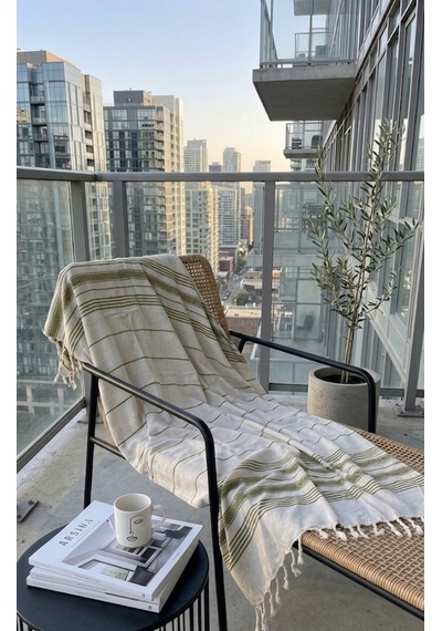 Pamuk Peştemal 100x180 Cm Çizgili Plaj Havlusu, Hamam Havlusu, Sauna Havlusu, Çok Amaçlı Kullanım Haki