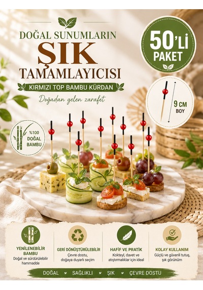 50 Li Paket Kırmızı Top Siyah Bambu Kürdan 9 Cm Kokteyl, Kanepe Ve Tatlı Sunum Kürdanı